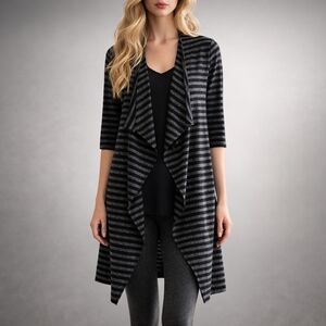 Lularoe Shirley Black&Gray Striped Waterfall Front Long Kimono